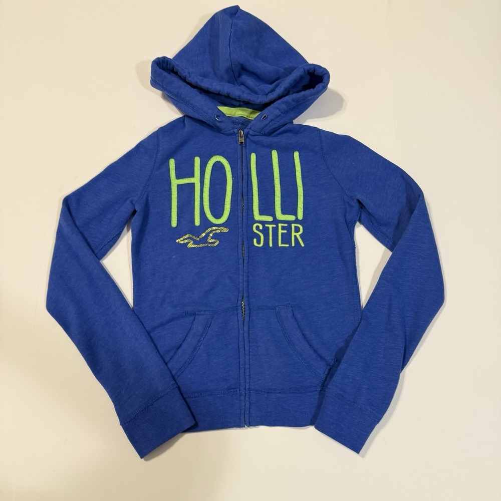 Hollister Women's XS Blue‎ Full Zip Hoodie Sweatshirt Logo Y2K